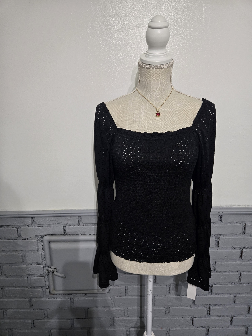 Black Smocked Square Neck Long-Sleeve Blouse